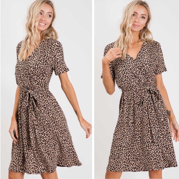 1 LEFT * Leopard Print Wrap Midi dress - Picture 2 of 5